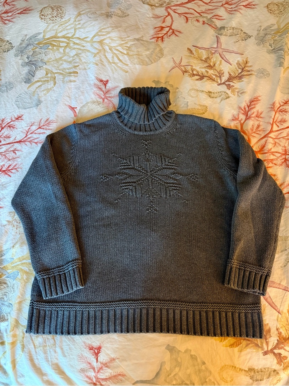 Ralph Lauren Vintage Chunky Snowflake Turtleneck Sweater Charcoal Grey XL Winter